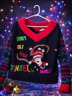 Ugly Christmas Sweater Santa Tinsel Lights Jingle Bells Black Red Women’s L
